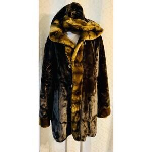 Dennis Basso Reversible Faux Fur Coat Women’s 2X Brown Hooded Long Jacket NWT